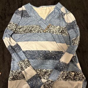 Blue and Gray Striped V-Neck Sweater